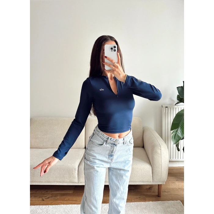 Marka Fermuar Crop - LACİVERT