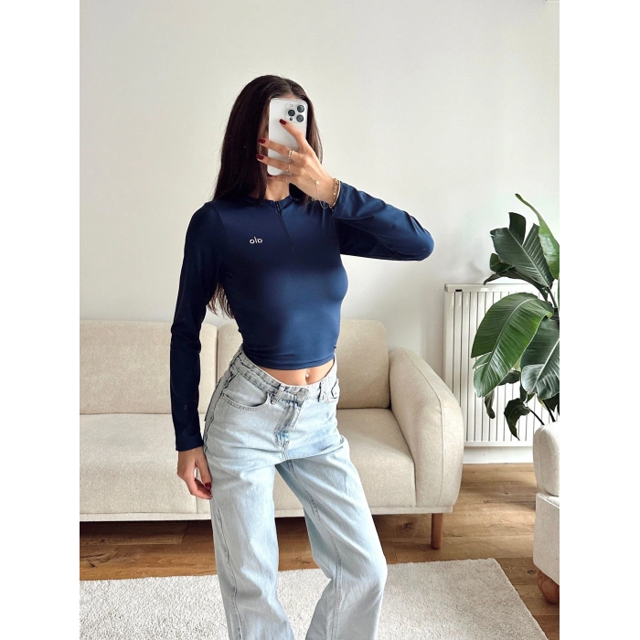 Marka Fermuar Crop - LACİVERT