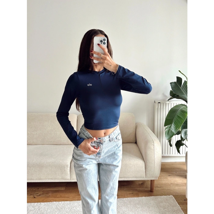 Marka Fermuar Crop - LACİVERT
