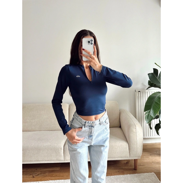 Marka Fermuar Crop - LACİVERT