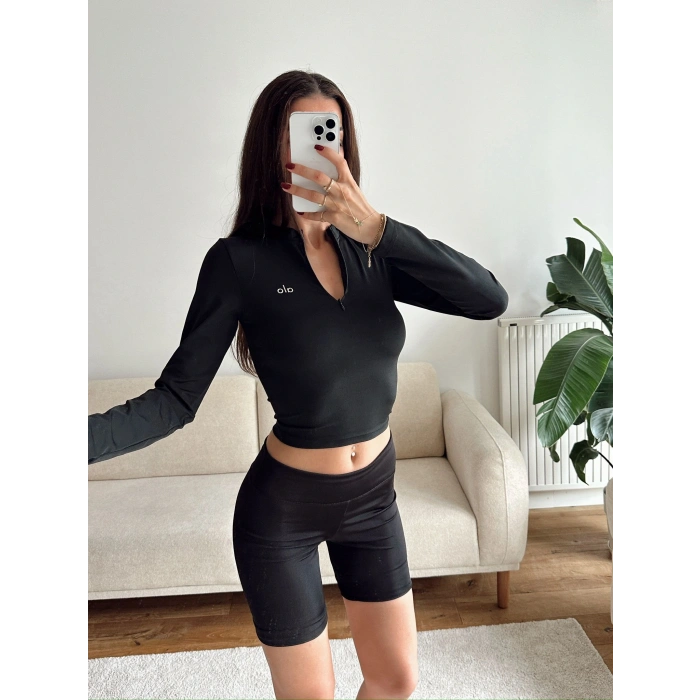 Marka Fermuar Crop - SİYAH