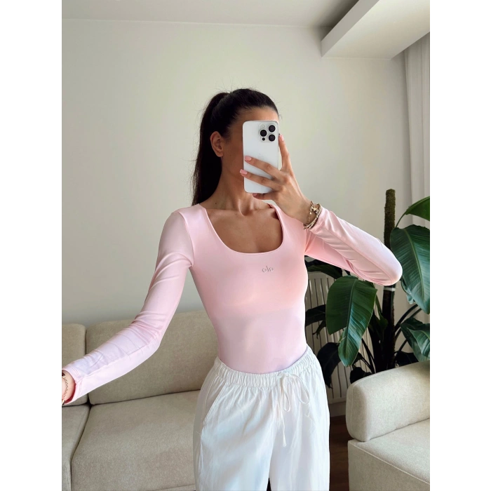 Marka Kare Yaka Bodysuit - PEMBE