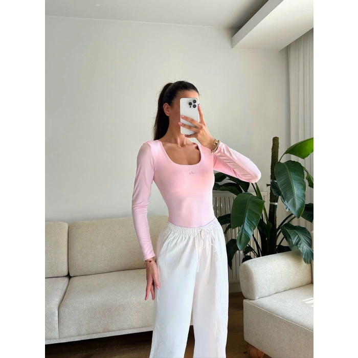 Marka Kare Yaka Bodysuit - PEMBE