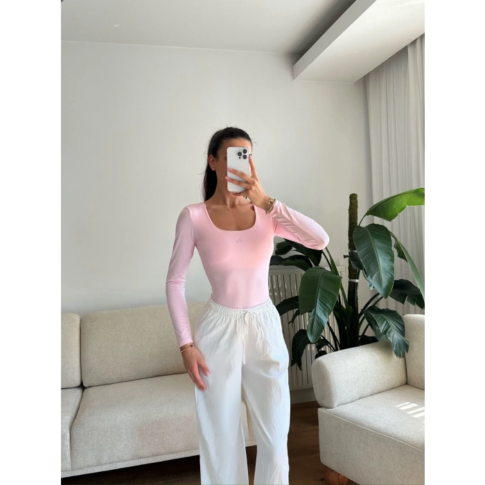 Marka Kare Yaka Bodysuit - PEMBE