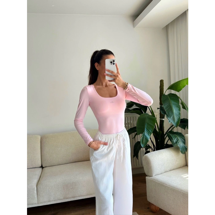 Marka Kare Yaka Bodysuit - PEMBE