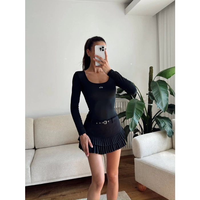 Marka Kare Yaka Bodysuit - SİYAH