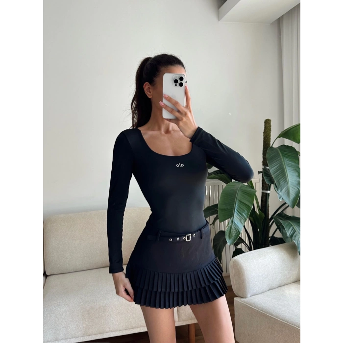 Marka Kare Yaka Bodysuit - SİYAH