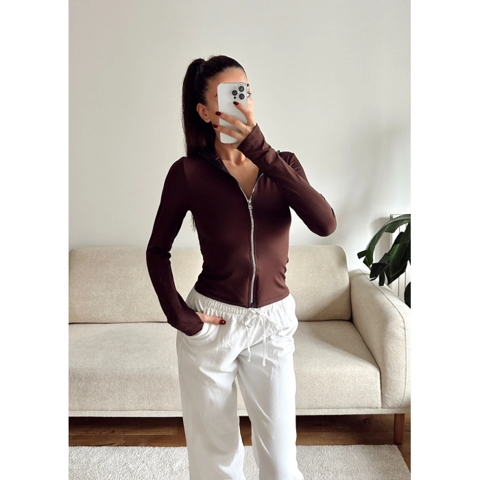 Metal Fermuar Sandy Ceket - KAHVE