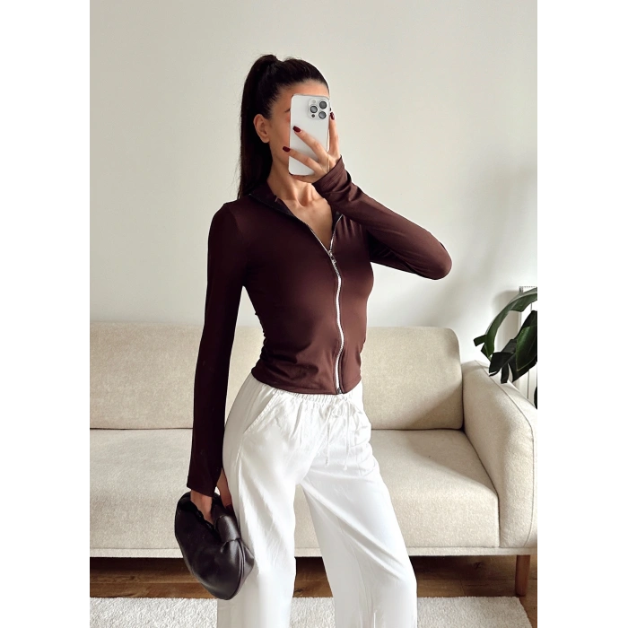 Metal Fermuar Sandy Ceket - KAHVE