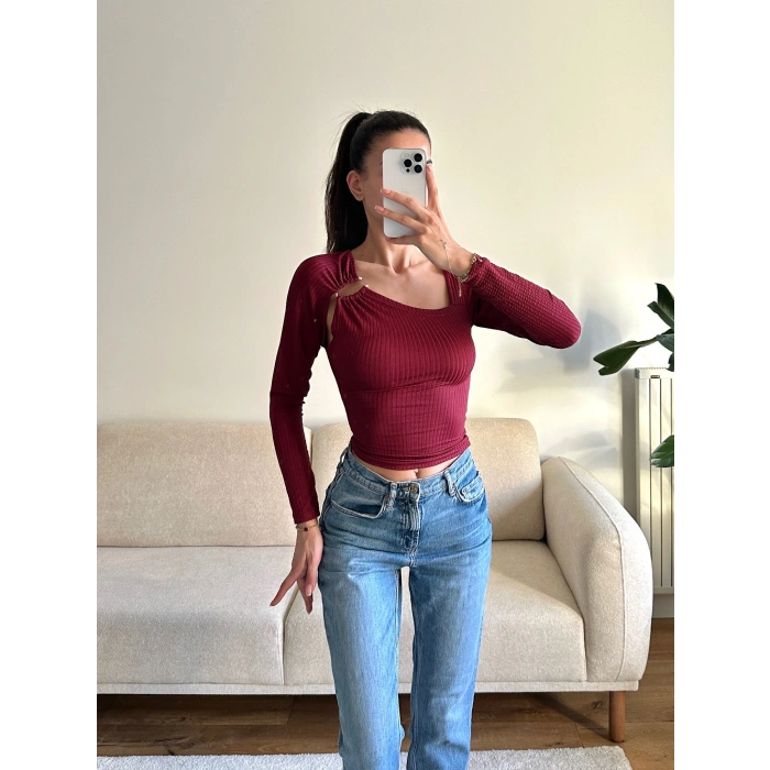 Metal Tokalı Fit Bluz - BORDO