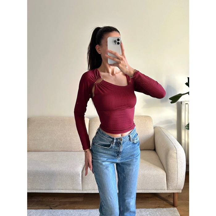 Metal Tokalı Fit Bluz - BORDO