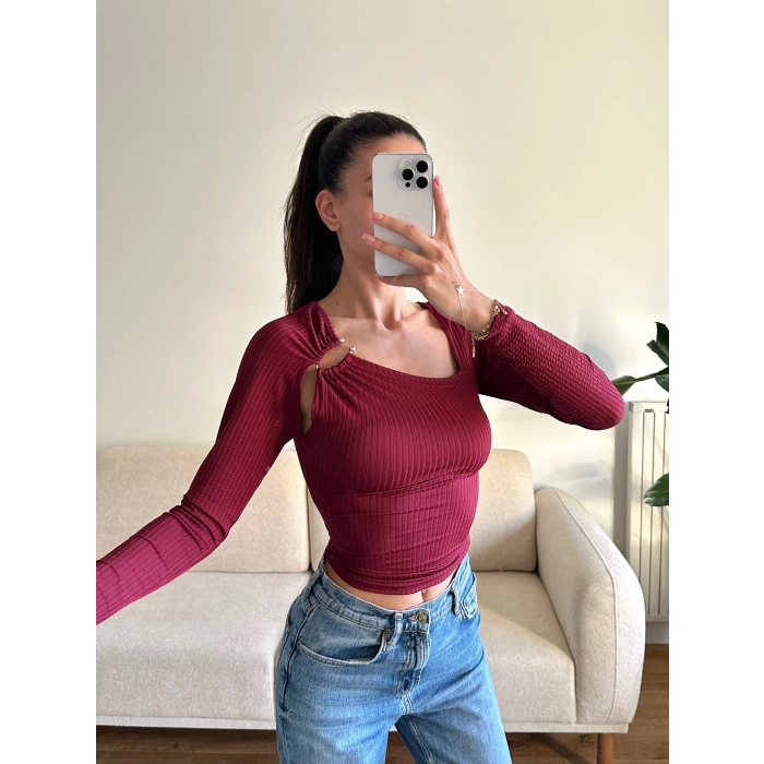 Metal Tokalı Fit Bluz - BORDO