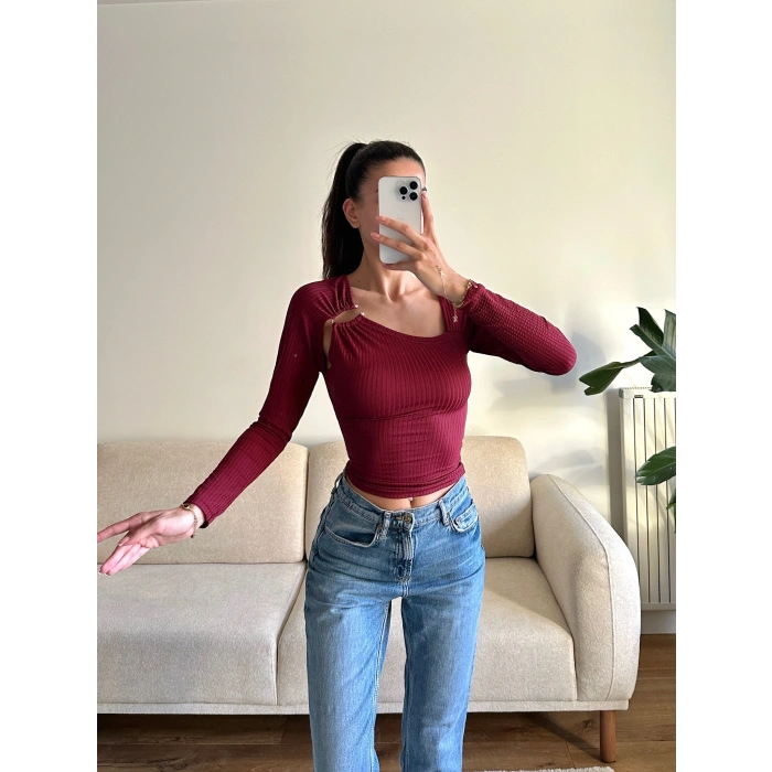 Metal Tokalı Fit Bluz - BORDO
