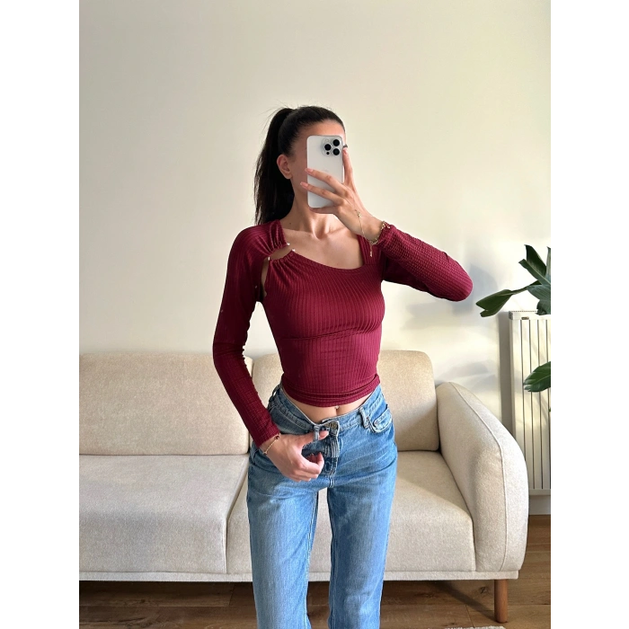 Metal Tokalı Fit Bluz - BORDO