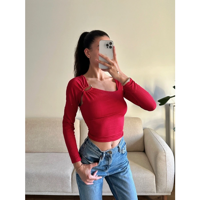 Metal Tokalı Fit Bluz - KIRMIZI