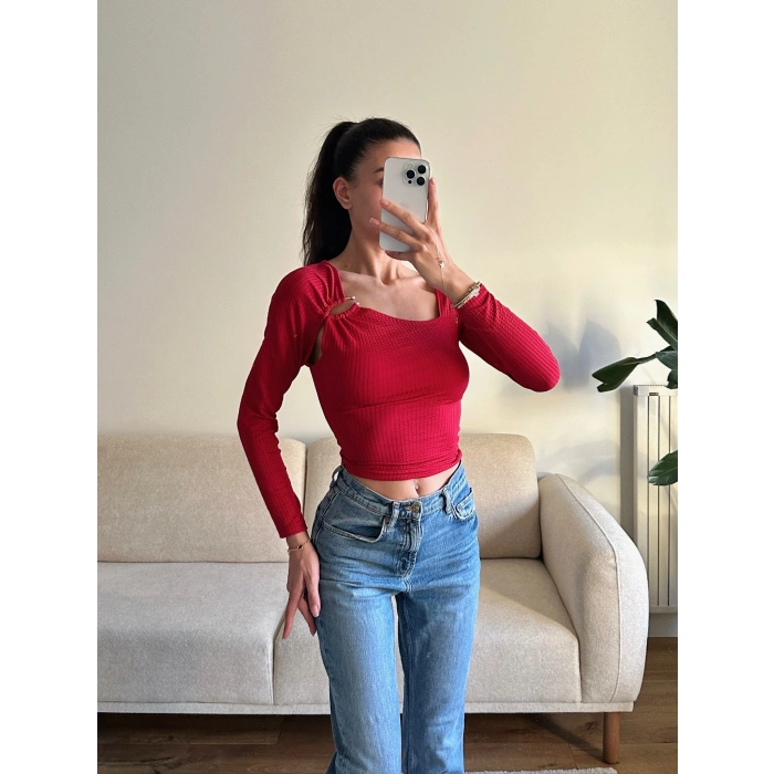 Metal Tokalı Fit Bluz - KIRMIZI