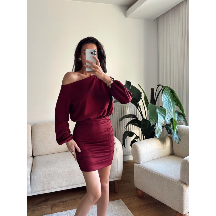 Modal Düşük Omuz Elbise - BORDO