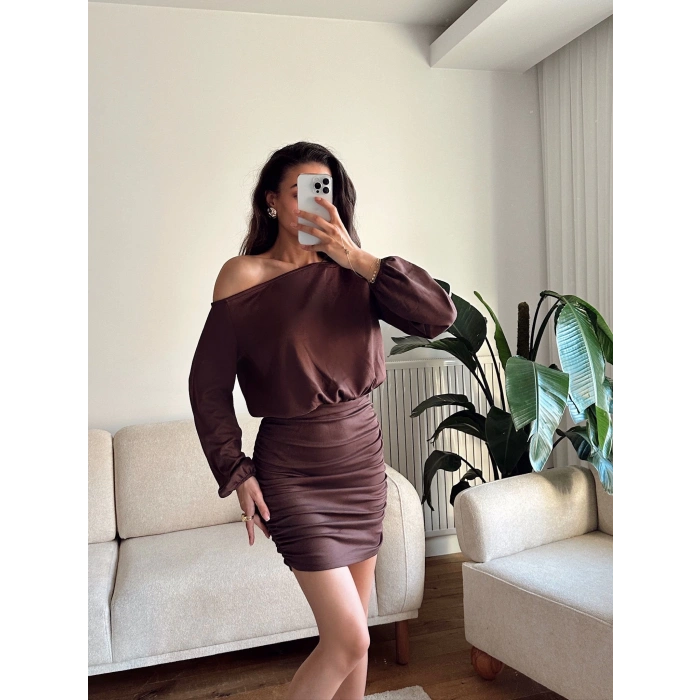 Modal Düşük Omuz Elbise - KAHVE