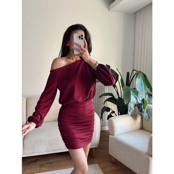 Modal Düşük Omuz Elbise - BORDO