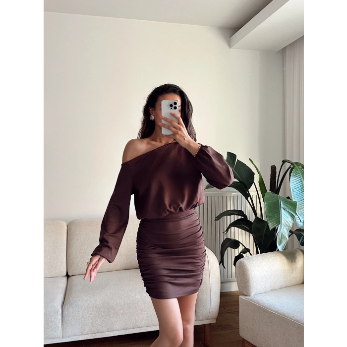Modal Düşük Omuz Elbise - KAHVE