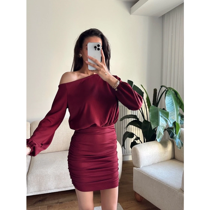 Modal Düşük Omuz Elbise - BORDO