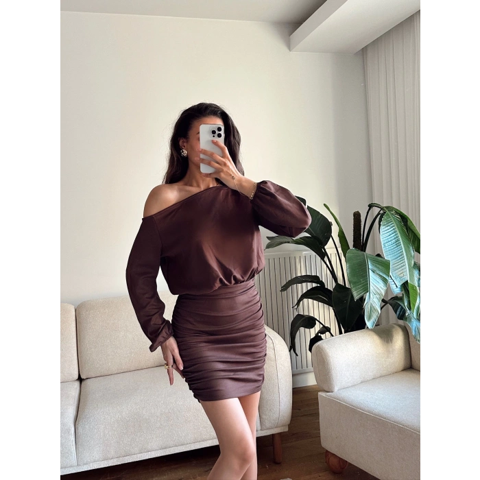 Modal Düşük Omuz Elbise - KAHVE