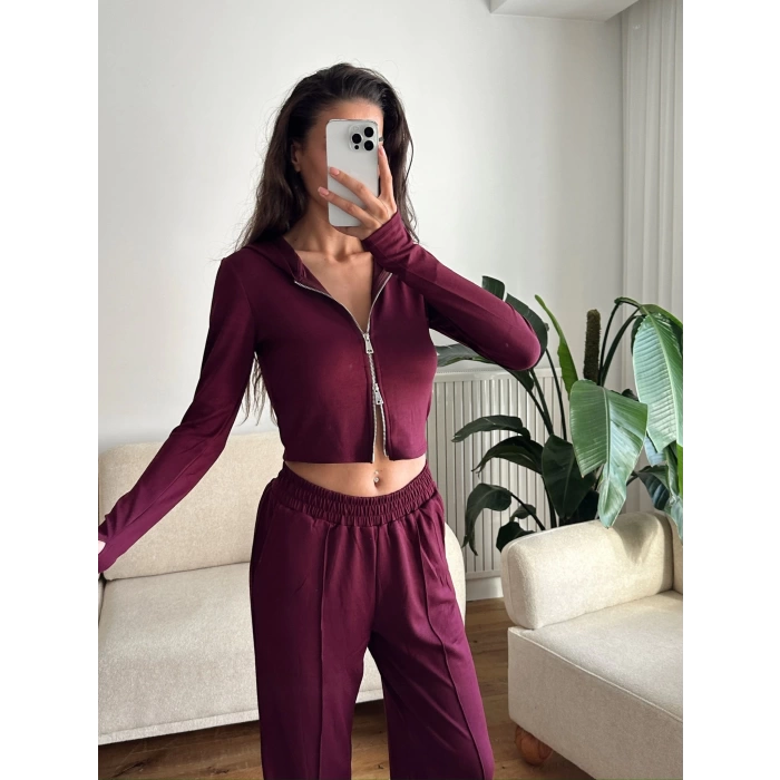 Modal Fermuar Crop & Pantolon Takım - BORDO