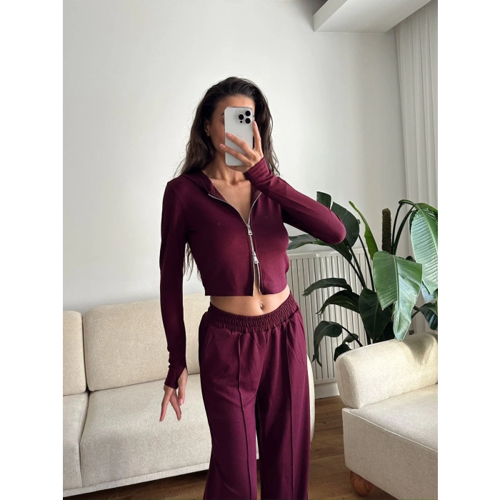 Modal Fermuar Crop & Pantolon Takım - BORDO