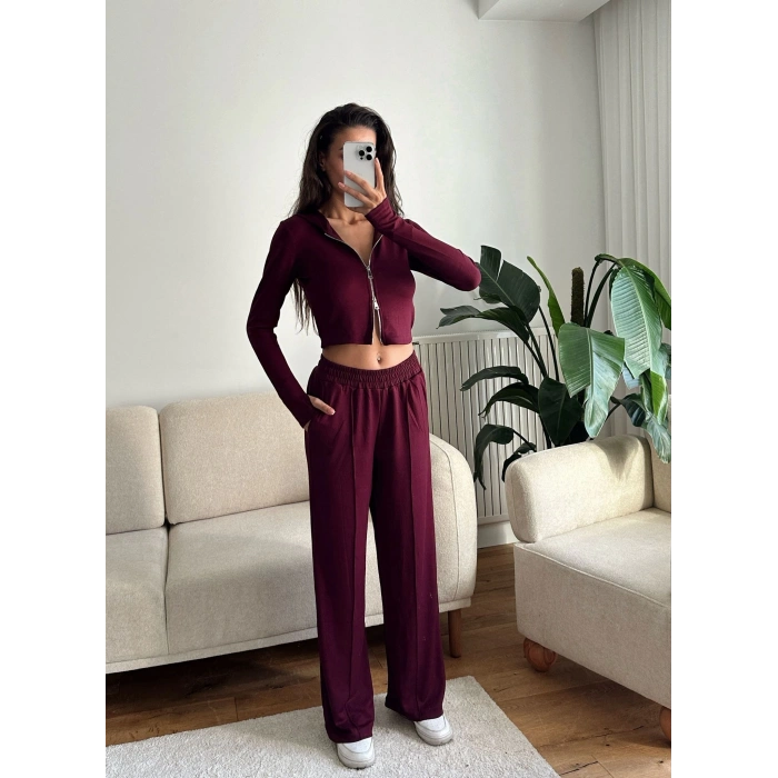 Modal Fermuar Crop & Pantolon Takım - BORDO