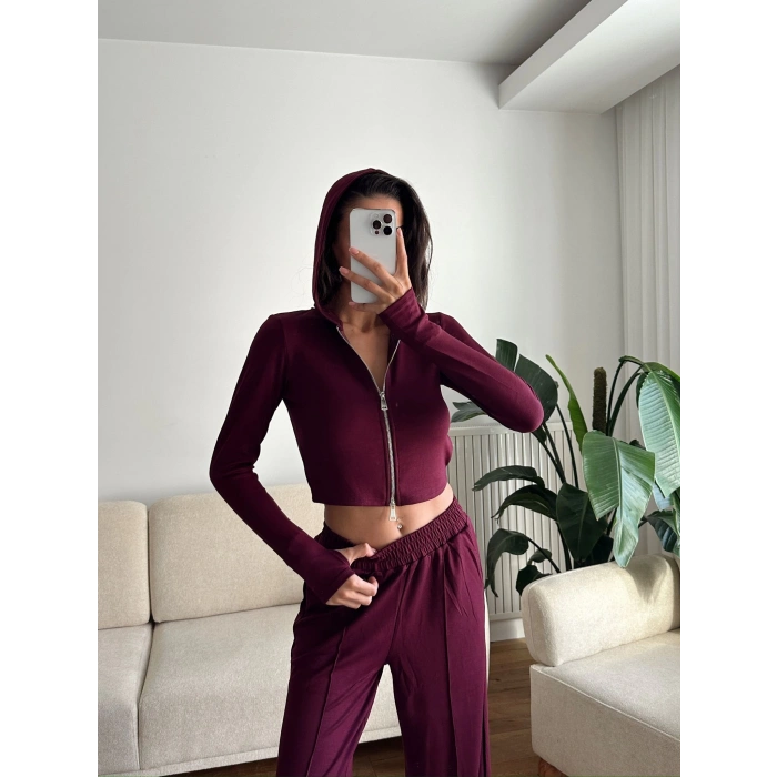 Modal Fermuar Crop & Pantolon Takım - BORDO