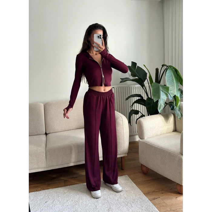 Modal Fermuar Crop & Pantolon Takım - BORDO