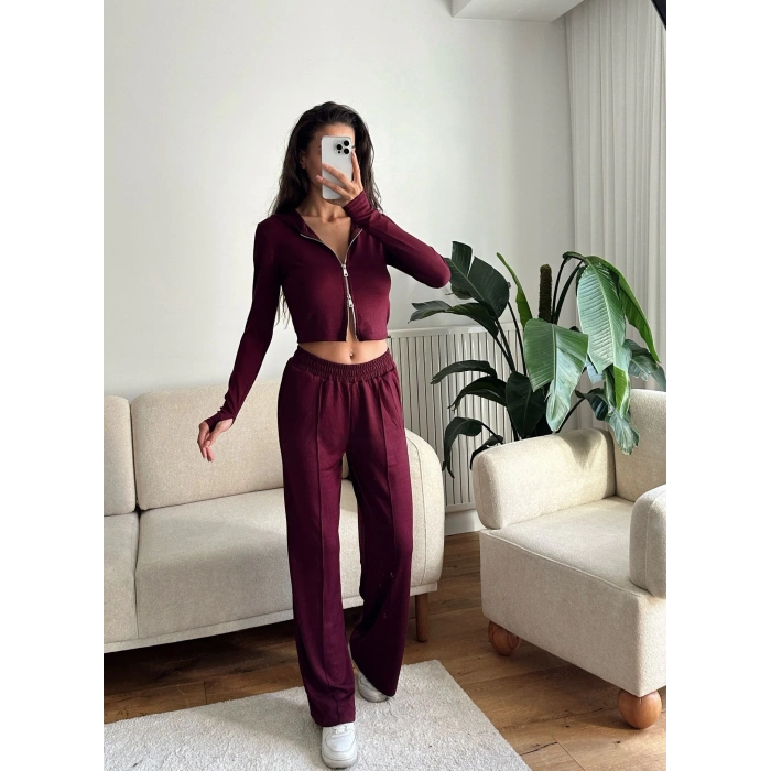 Modal Fermuar Crop & Pantolon Takım - BORDO