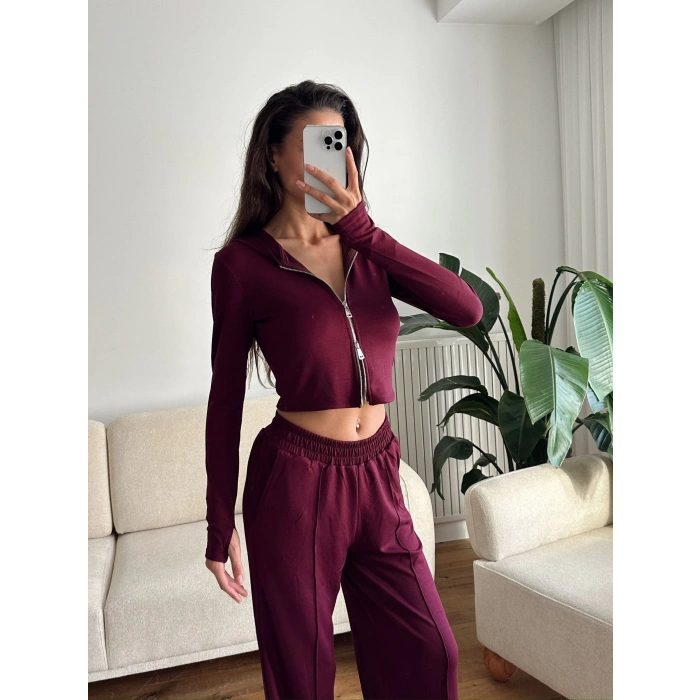 Modal Fermuar Crop & Pantolon Takım - BORDO