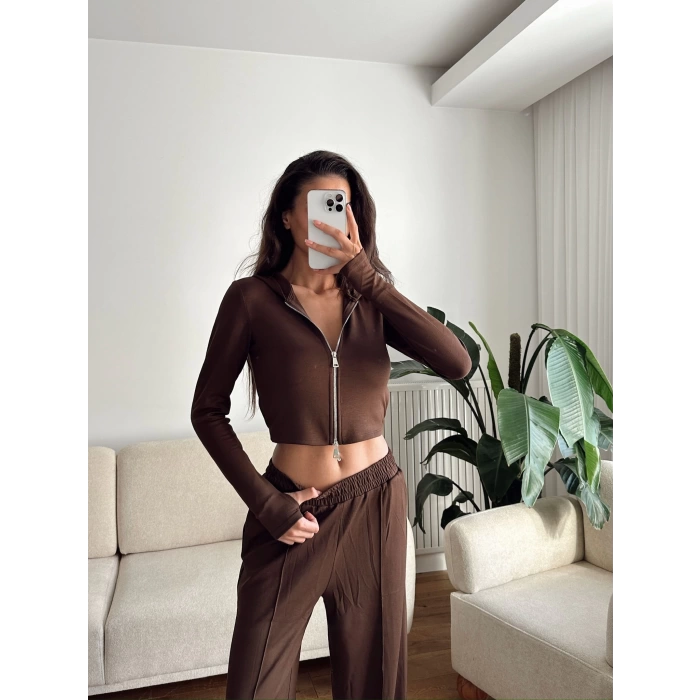 Modal Fermuar Crop & Pantolon Takım - KAHVE