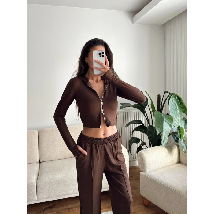 Modal Fermuar Crop & Pantolon Takım - KAHVE