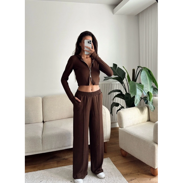 Modal Fermuar Crop & Pantolon Takım - KAHVE
