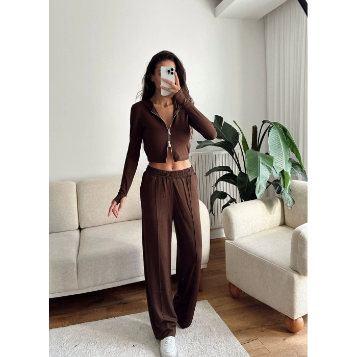 Modal Fermuar Crop & Pantolon Takım - KAHVE