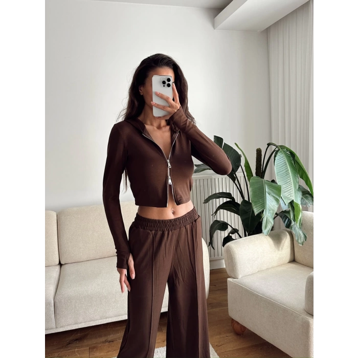 Modal Fermuar Crop & Pantolon Takım - KAHVE