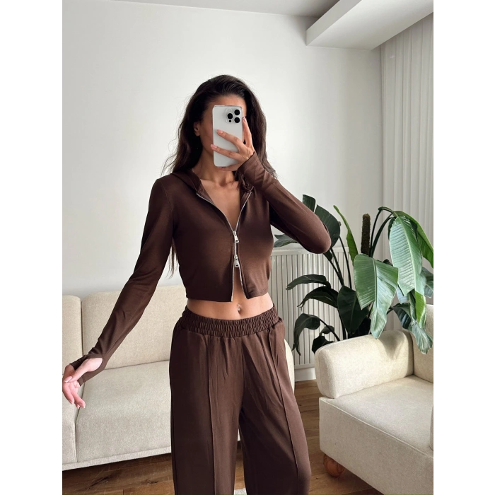 Modal Fermuar Crop & Pantolon Takım - KAHVE