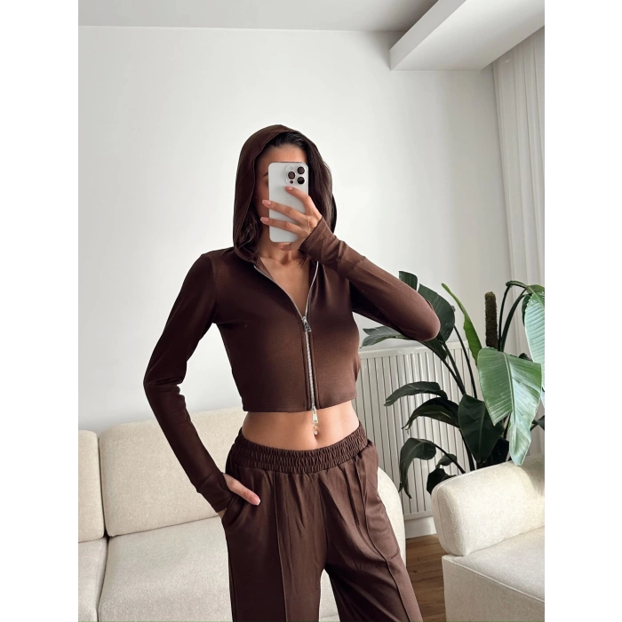 Modal Fermuar Crop & Pantolon Takım - KAHVE