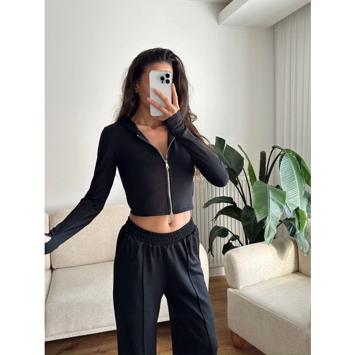 Modal Fermuar Crop & Pantolon Takım - SİYAH