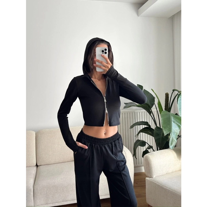 Modal Fermuar Crop & Pantolon Takım - SİYAH