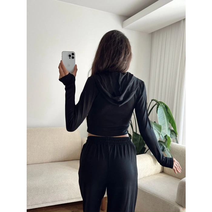 Modal Fermuar Crop & Pantolon Takım - SİYAH