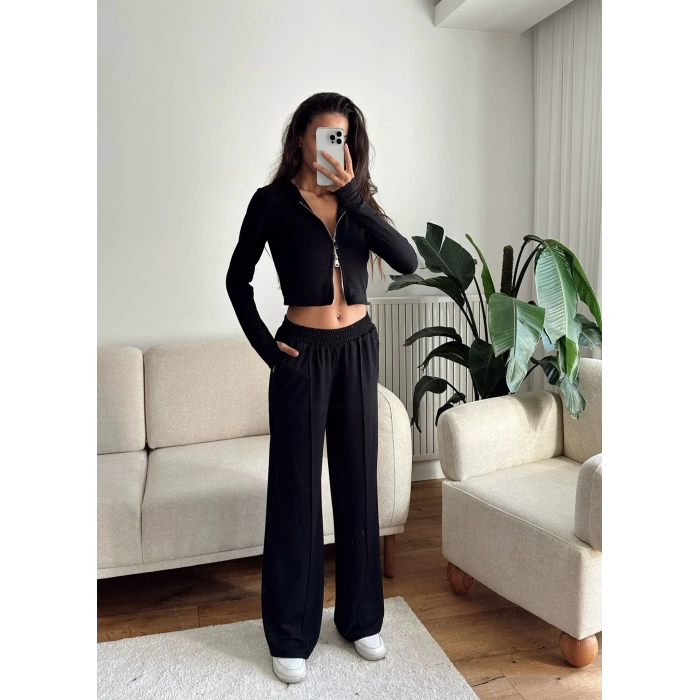 Modal Fermuar Crop & Pantolon Takım - SİYAH