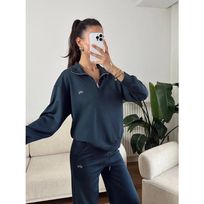 Modal Fermuar Sweat & Pantolon Takım - FÜME
