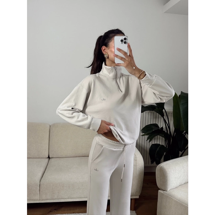 Modal Fermuar Sweat & Pantolon Takım - BEJ