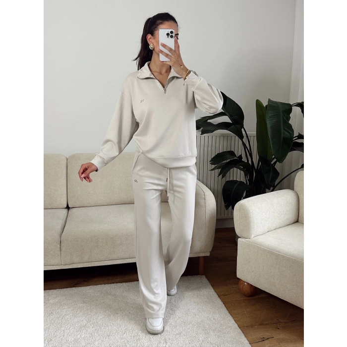 Modal Fermuar Sweat & Pantolon Takım - BEJ