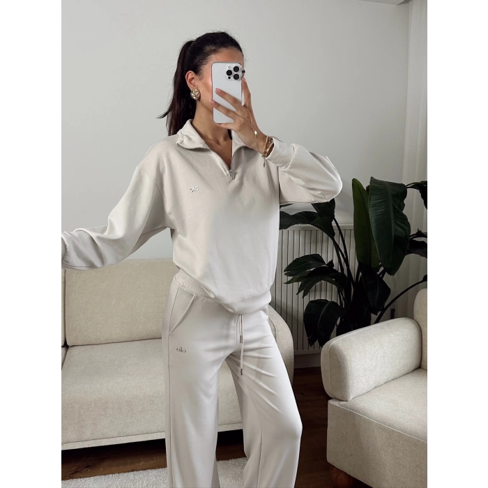 Modal Fermuar Sweat & Pantolon Takım - BEJ