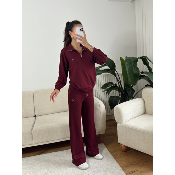 Modal Fermuar Sweat & Pantolon Takım - BORDO