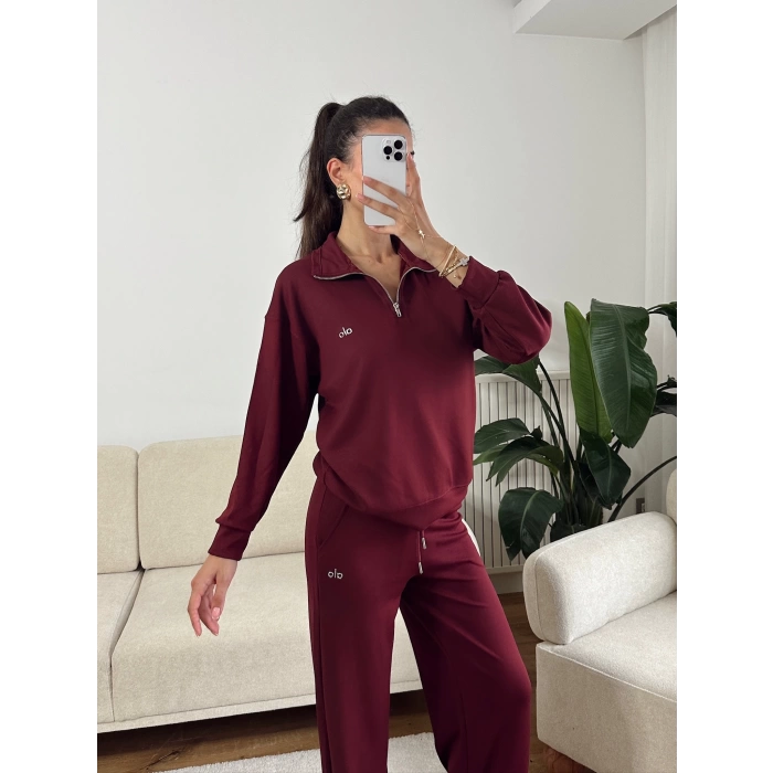Modal Fermuar Sweat & Pantolon Takım - BORDO